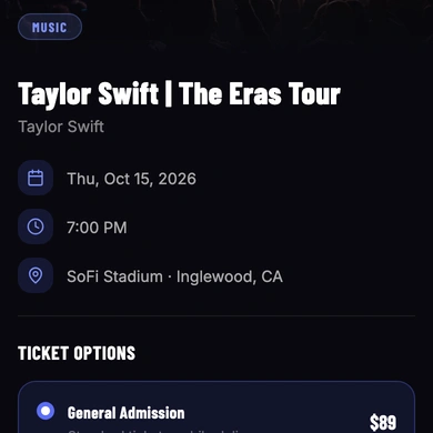 The event detail page for Taylor Swift | The Eras Tour showing date, time, venue, and ticket options