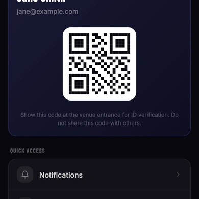 The Profile screen showing the VENU Mobile ID QR code, Quick Access links, Settings, and Help & More sections