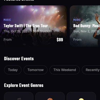 The VENU Search screen showing Featured Events, Discover Events, and Explore Event Genres sections