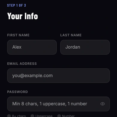 The Your Info sign-up form with fields for first name, last name, email address, and password