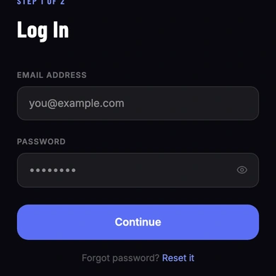 The Log In screen with fields for email address and password and a Continue button