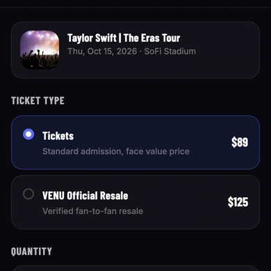 The Select Offer screen showing ticket type options, a quantity selector, and delivery method options