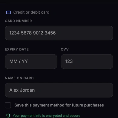 The Payment screen with fields for card number, expiry date, CVV, and name on card
