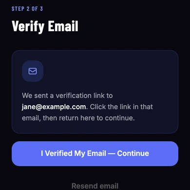 The Verify Email screen instructing the user to select the link sent to their email address