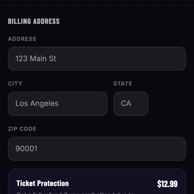 The Complete Purchase screen showing billing address fields, ticket protection option, and an order summary
