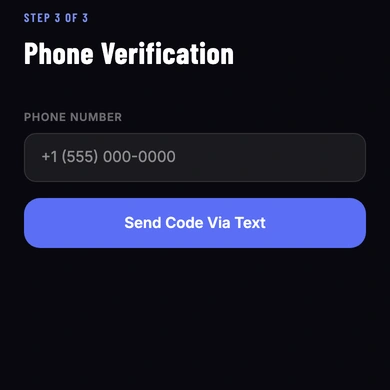 The Phone Verification screen with a phone number field and a Send Code Via Text button