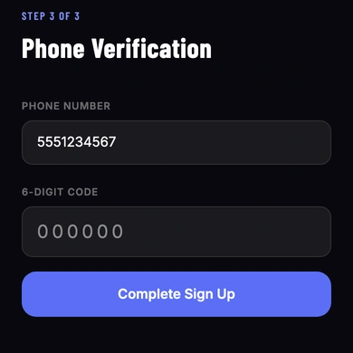 The Phone Verification screen after sending a code, with a field for the six-digit code and a Complete Sign Up button