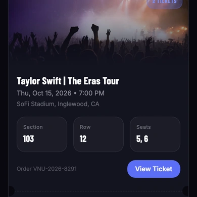 The Your Events screen showing an upcoming Taylor Swift ticket with section, row, and seat information
